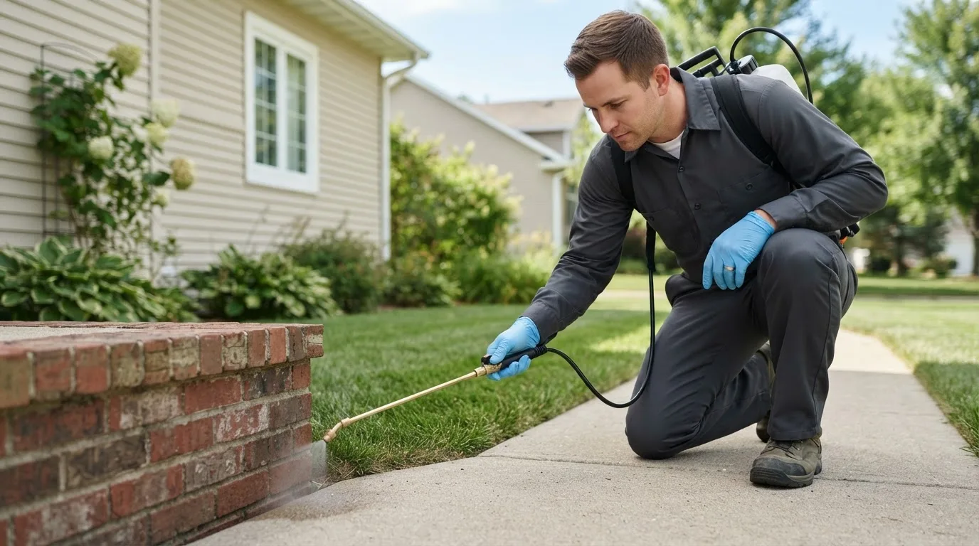 Pest control technician treating a home near Norwalk, OH